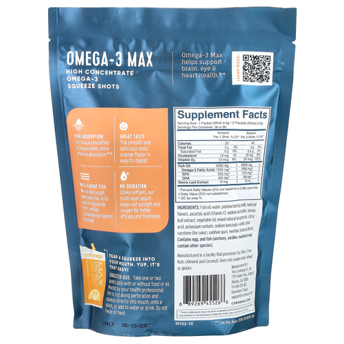 Coromega, Омега-3 макс, высококонцентрированные компрессионные капсулы, цитрусовый взрыв, 60 индивидуальных компрессионных пакетиков, по 2,5 г каждый