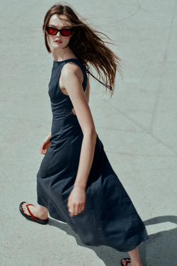 ZARA ПЛАТЬЕ МИДИ ИЗО ЛЬНА С ОТКРЫТОЙ СПИНОЙ, СИНИЙ