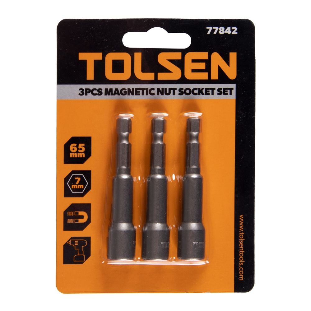 TOLSEN (TT77842) Набор головок для шуруповерта шестигранных 1/4", 7 мм, 65 мм, магнитных, 3 предмета