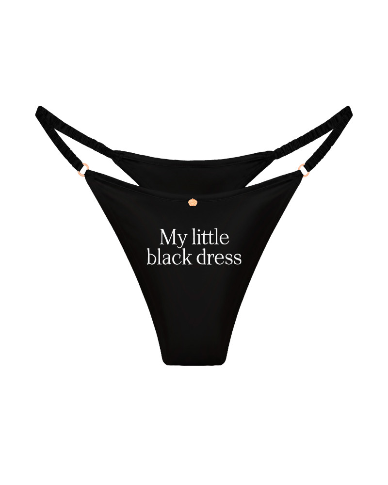 трусы стринги шелковые с надписью My little black dress черные