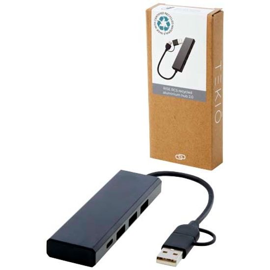 Концентратор USB 2.0 Rise из переработанного алюминия, сертифицированного по стандарту RCS