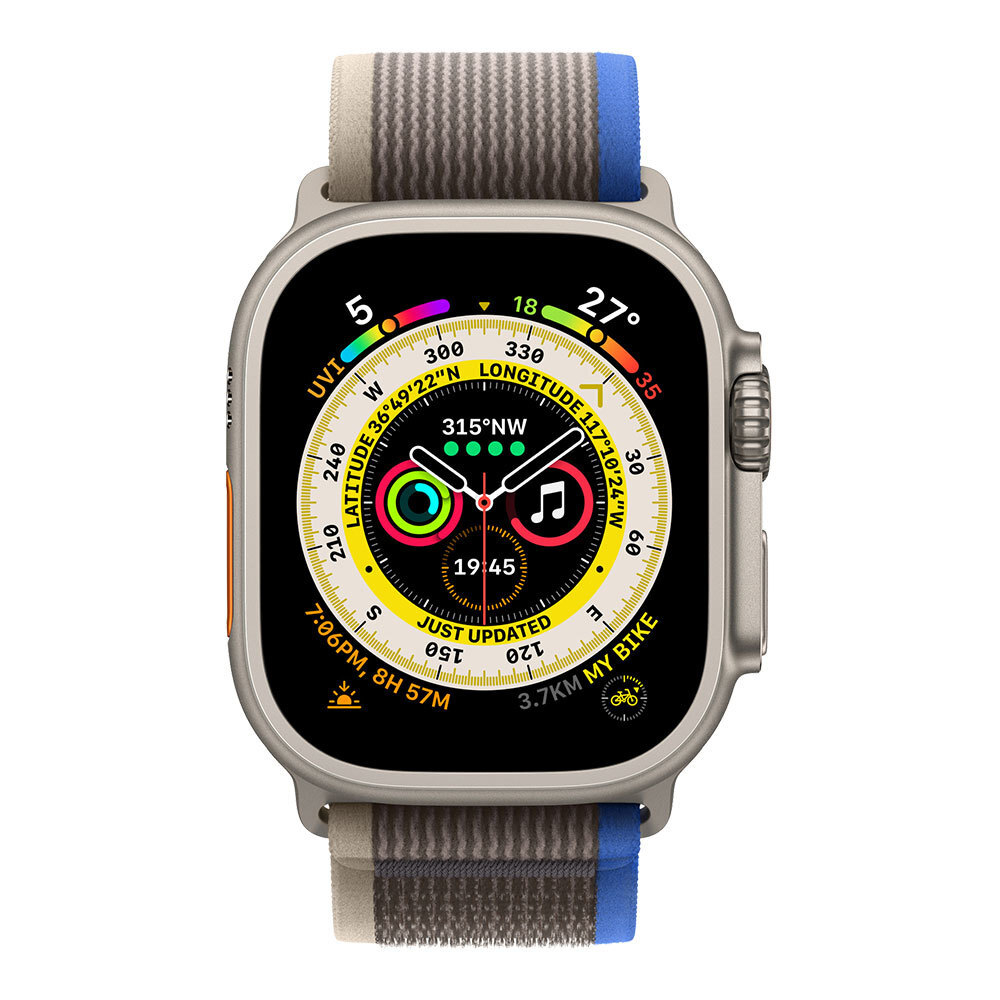 Apple Watch Ultra, 49 мм титановые, GPS + Cellular, ремешок Trail синего/серого цвета M/L (MQF33)