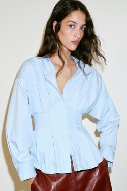 ZARA РУБАШКА ИЗ ПОПЛИНА СО СКЛАДКАМИ, ГОЛУБОЙ