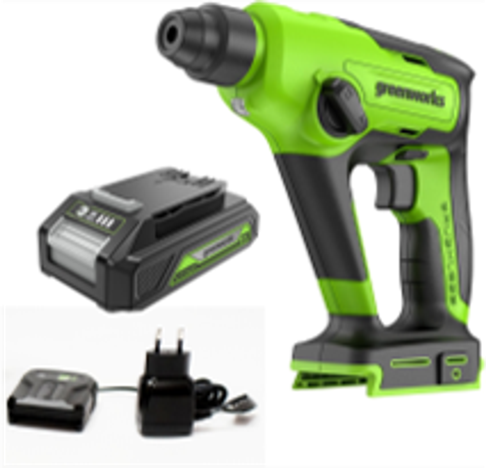 Перфоратор Greenworks GD24SDS1K2, 24V, бесщеточный, 1,2 Дж, 4800 уд/мин, 12 мм, c 1хАКБ 2Ач и ЗУ 2А (3803107UA)