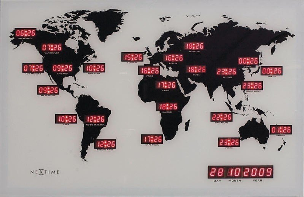 Настенные часы NeXtime World Time Digit, алюминий, 36 см, чёрные