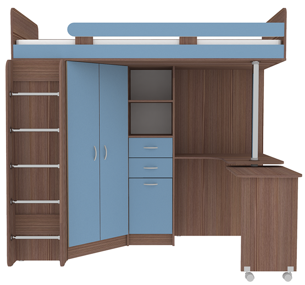 Кровать-чердак КарИВи Юниор 3 с металлической лестницей Бодего Темный Светло-синий, голубой