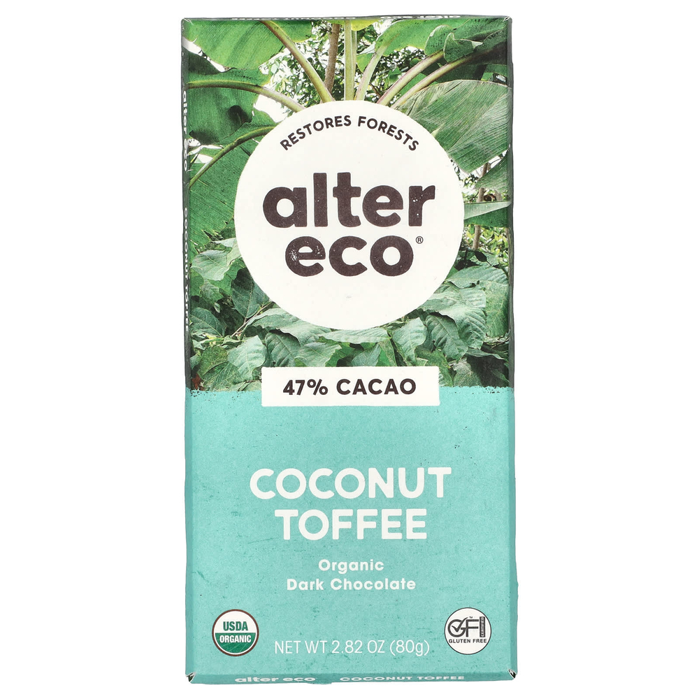 Alter Eco, плитка органического темного шоколада, кокос и ирис, 47% какао, 80 г (2,82 унции)