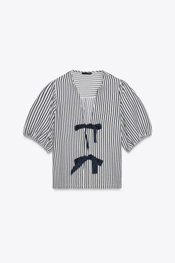 ZARA БЛУЗА ЛЬНЯНАЯ С ЗАВЯЗКАМИ, ЭКРЮ/ТЕМНО-СИНИЙ