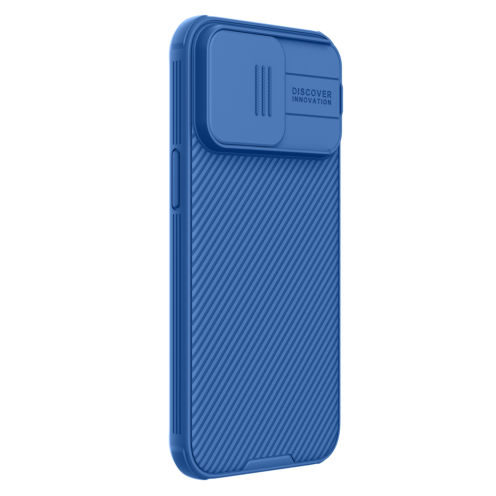 Чехол синего цвета от Nillkin c поддержкой магнитной зарядки MagSafe для смартфона iPhone 15 Pro, с защитной шторкой камеры, серия CamShield Pro Magnetic