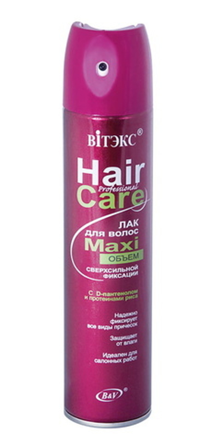 Лак для волос "HairCare" МАXIобъём сверхсильной фиксации с D-пантенолом и протеинами риса 300мл. Белита