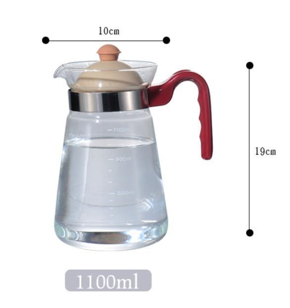 299002 Чайник  "Боковая ручка" красн.ручка, беж.крышка огнеупорный  h=19см, d=10см, 1100мл, стекло