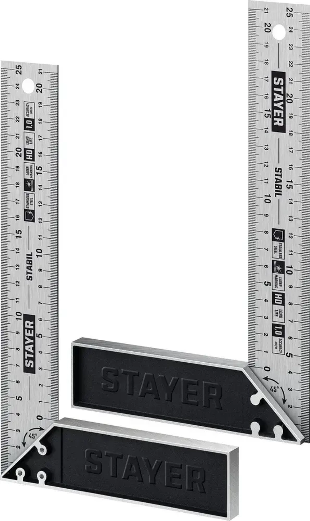 Профессиональный угольник с нержавеющим полотном, 250 мм // STAYER STABIL Professional