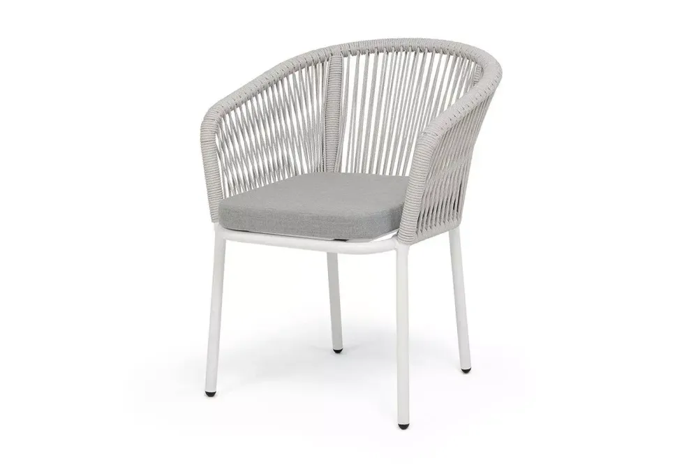 "Марсель" стул плетеный из роупа, каркас алюминий белый муар, роуп светло-серый меланж круглый tex, ткань светло-серая