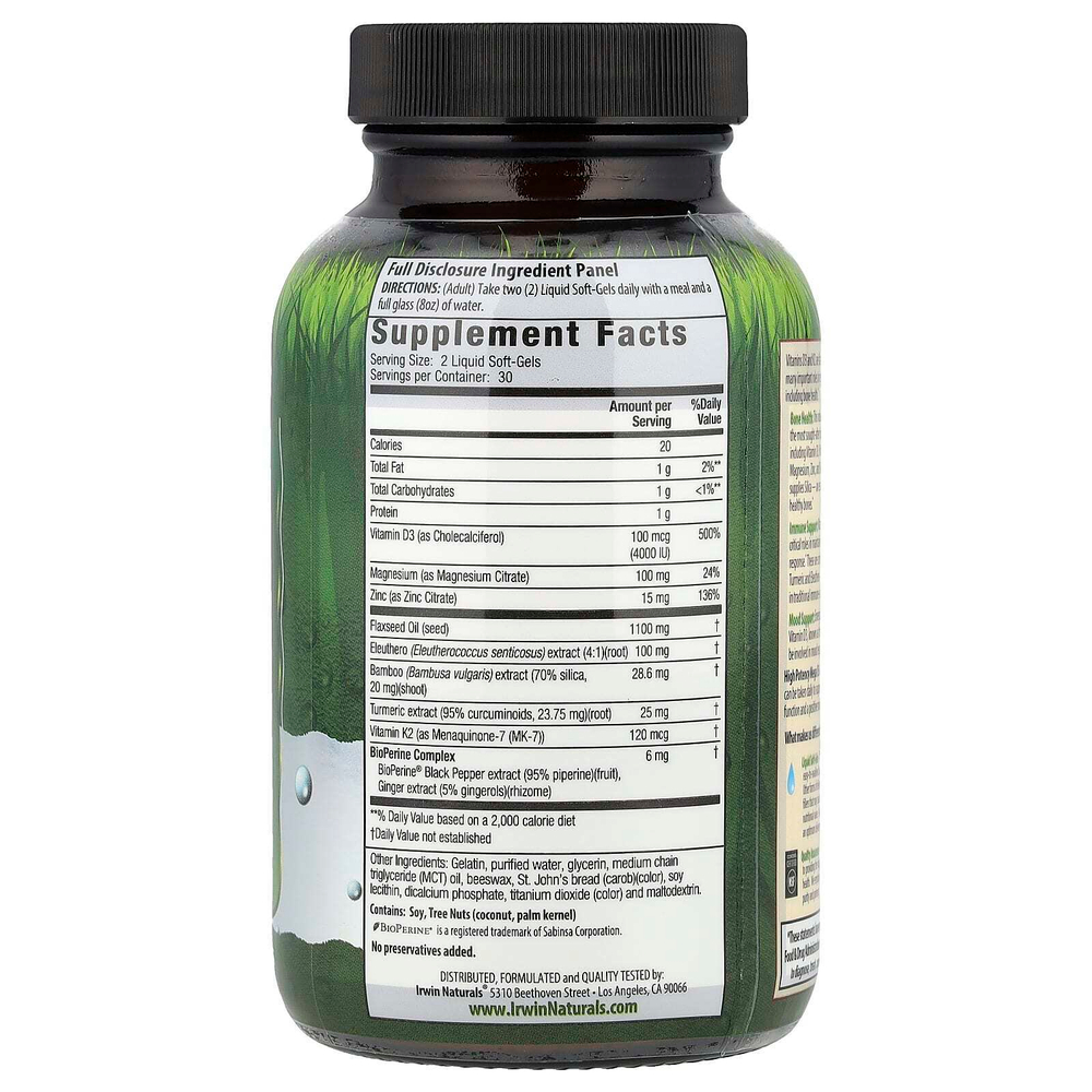 Irwin Naturals, высокоэффективный мегакомплекс витаминов D3 и К2 с экстрактом куркумы, 60 капсул с жидкостью