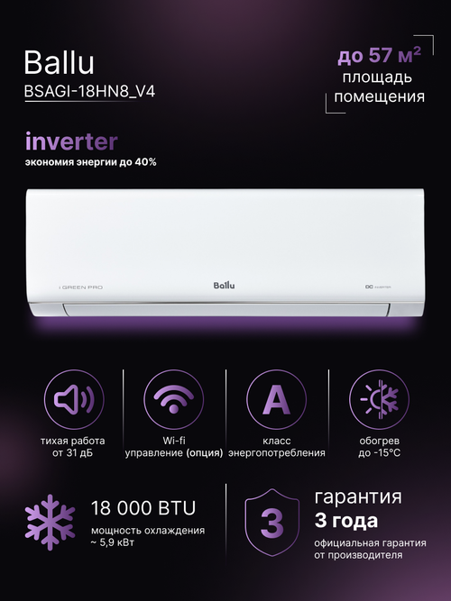 Сплит-система кондиционер Ballu инверторный iGREEN PRO BSAGI-18HN8_V4 на 50 м²