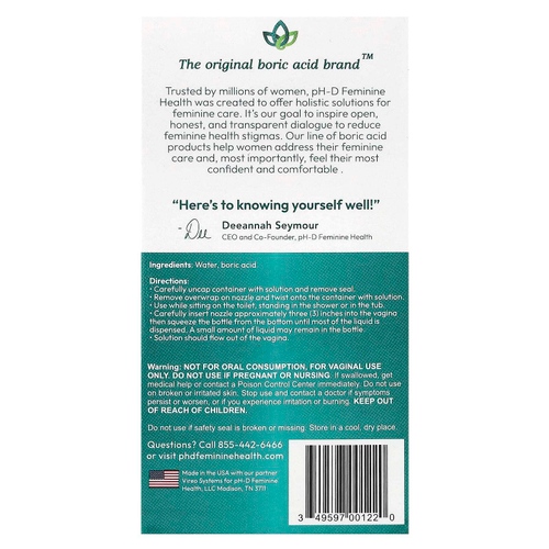 pH-D Feminine Health, борная кислота, мгновенное ополаскиватель для влагалища для устранения запаха, 2 флакона и 2 насадки, 177,44 мл (6 жидк. унций)