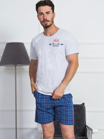 Мужской домашний комплект с синими клетчатыми шортами (Размер: XL) (Цвет: темно-синий)