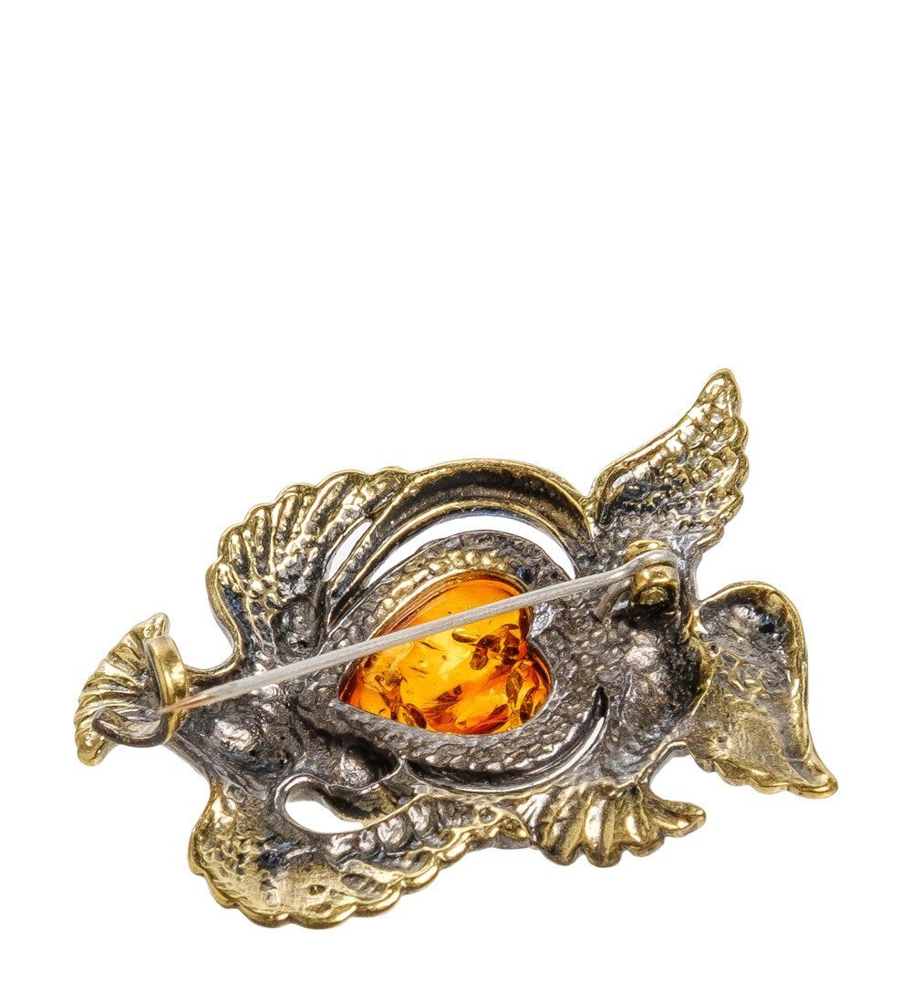 AM-2029 Брошь «Голуби с сердцем» (латунь, янтарь)