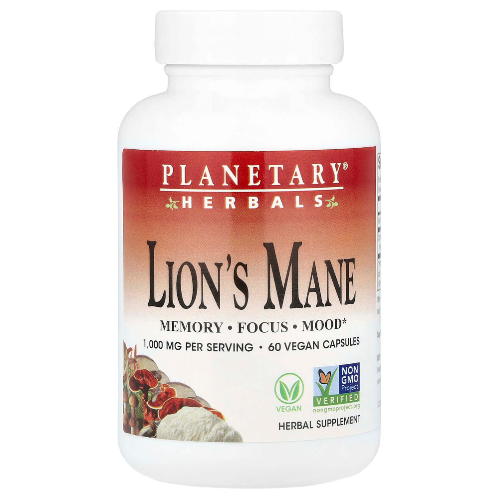 Planetary Herbals, ежовик гребенчатый, 60 веганских капсул (500 мг в 1 капсуле)