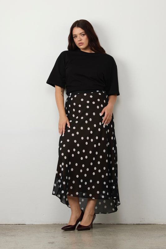 Юбка миди из шифона, черный в белый горох