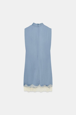 ZARA АТЛАСНОЕ ПЛАТЬЕ С КРУЖЕВОМ, СТАЛЬНОЙ СИНИЙ