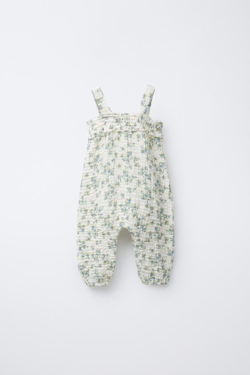 ZARA ДЛИННЫЙ КОМБИНЕЗОН ИЗ РЕЛЬЕФНОЙ ТКАНИ С ЦВЕТОЧНЫМ ПРИНТОМ, БЕЛЫЙ