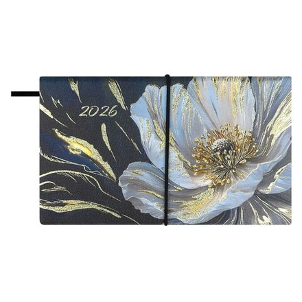 Планинг дат. 2026г 175*105мм 64л., кожзам., мягк.пер. "Белый мак" тисн.фольгой, резинка,ляссе