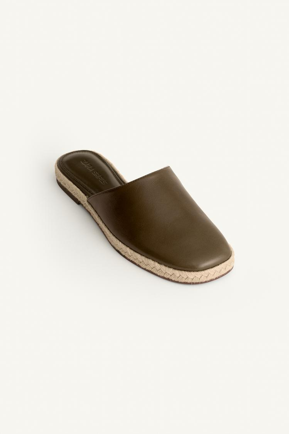 ZARA КОЖАНЫЕ МЮЛИ НА ПЛОСКОЙ ПОДОШВЕ, ЗЕЛЕНЫЙ ХАКИ