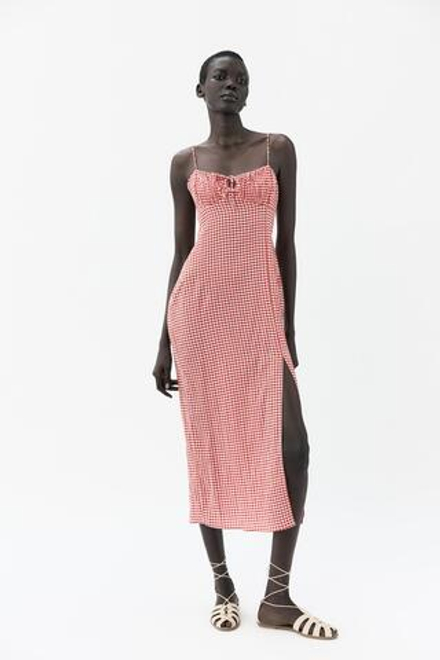 ZARA ПЛАТЬЕ-МИДИ В КЛЕТКУ ВИШИ, БЕЛЫЙ/КРАСНЫЙ
