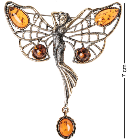 AM-1654 Брошь «Бабочка Танцующая фея» (латунь, янтарь)