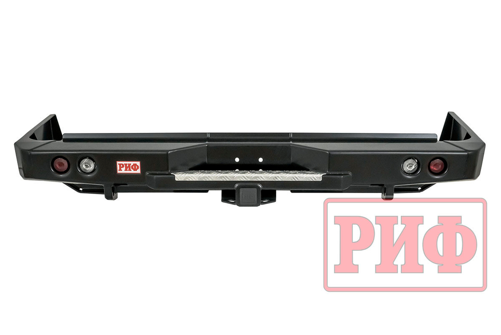Бампер силовой задний Toyota Land Cruiser 76 2007+ с квадратом под фаркоп и фонарями РИФ