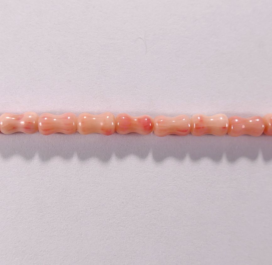 Бусина из коралла розового, облагороженного, фигурная, 3x6 мм (цилиндр, гладкая)