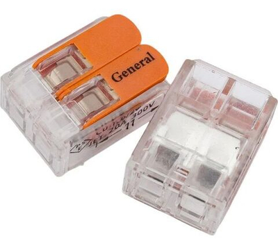 Универсальная клемма General на 2 провода 10 шт монтажная, прозрачная с оранжевыми рычагами, компактная GTER4-02 800492