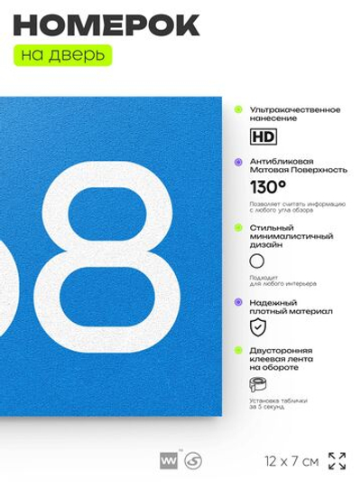 Номер на дверь 668, табличка на дверь для офиса, квартиры, кабинета, аудитории, склада, голубая 120х70 мм, Айдентика Технолоджи