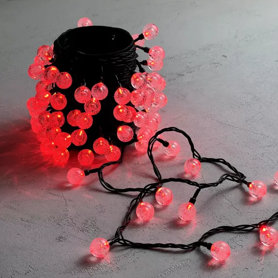 Светодиодная гирлянда шарики Пузырьки 10 м., 220V., 100 красных LED ламп 23 мм., коннектор, черный ПВХ, LTC (PCS-100B-R)