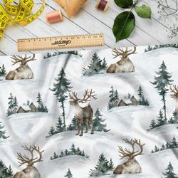 Ткань атлас лось на зимнем пейзаже
