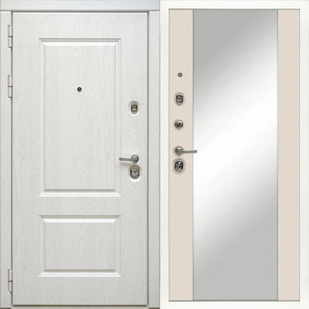 Входная металлическая дверь с зеркалом Дива (Diva) МД 44 Альберо браш серебро / М 15 Большое зеркало Силк шампань (слоновая кость)