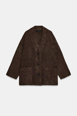 ZARA ЖАКЕТ ИЗ ТРИКОТАЖА С БЛЕСТЯЩЕЙ НИТЬЮ, КОРИЧНЕВЫЙ