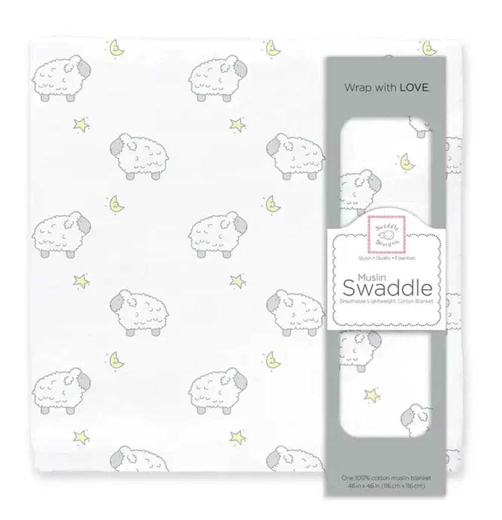 SwaddleDesigns Пеленка муслиновая - Little Lambs, Moons & Stars, Sterling & Pale Banana