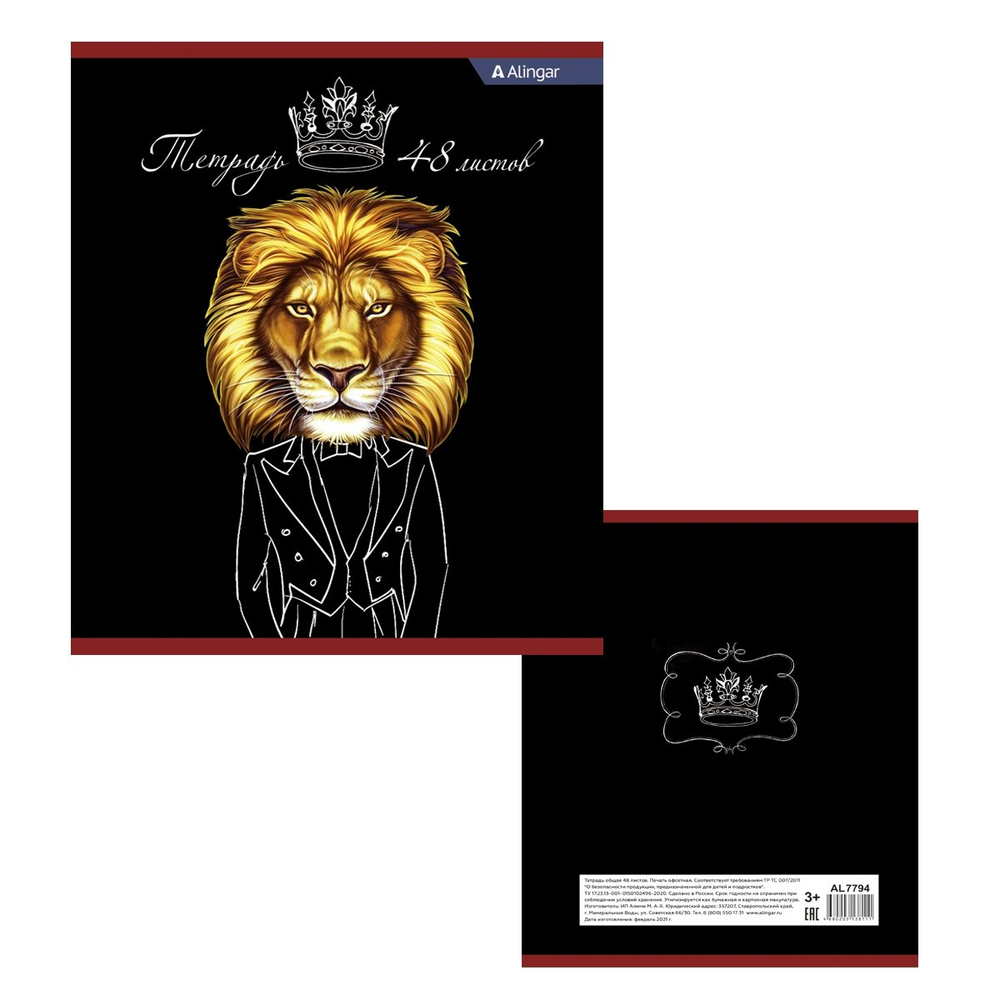 Тетрадь 48л., А5, клетка, Alingar "Львы в пиджаках", скрепка, мелованный картон, 4 дизайна в пленке т/у