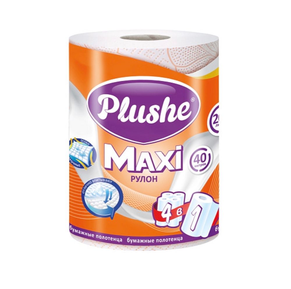 Полотенце Бумажное Plushe Maxi 40метров,1 рулон, 2 слоя, белый, цветное тиснение