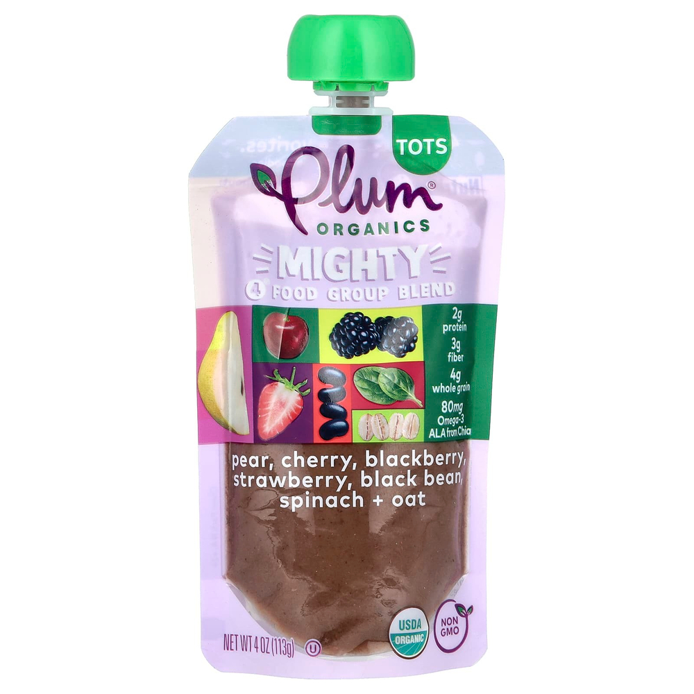 Plum Organics, Mighty 4 Food Group, смесь, груша, вишня, ежевика, клубника, черная фасоль, шпинат и овес, 113 г (4 унции)