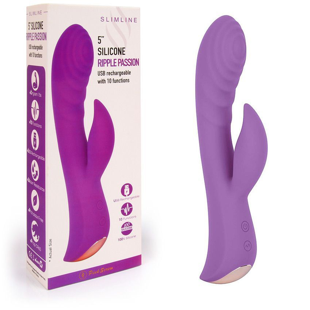 Фиолетовый вибромассажер-кролик 5 Silicone Ripple Passion - 19,1 см. (Цвет: фиолетовый)