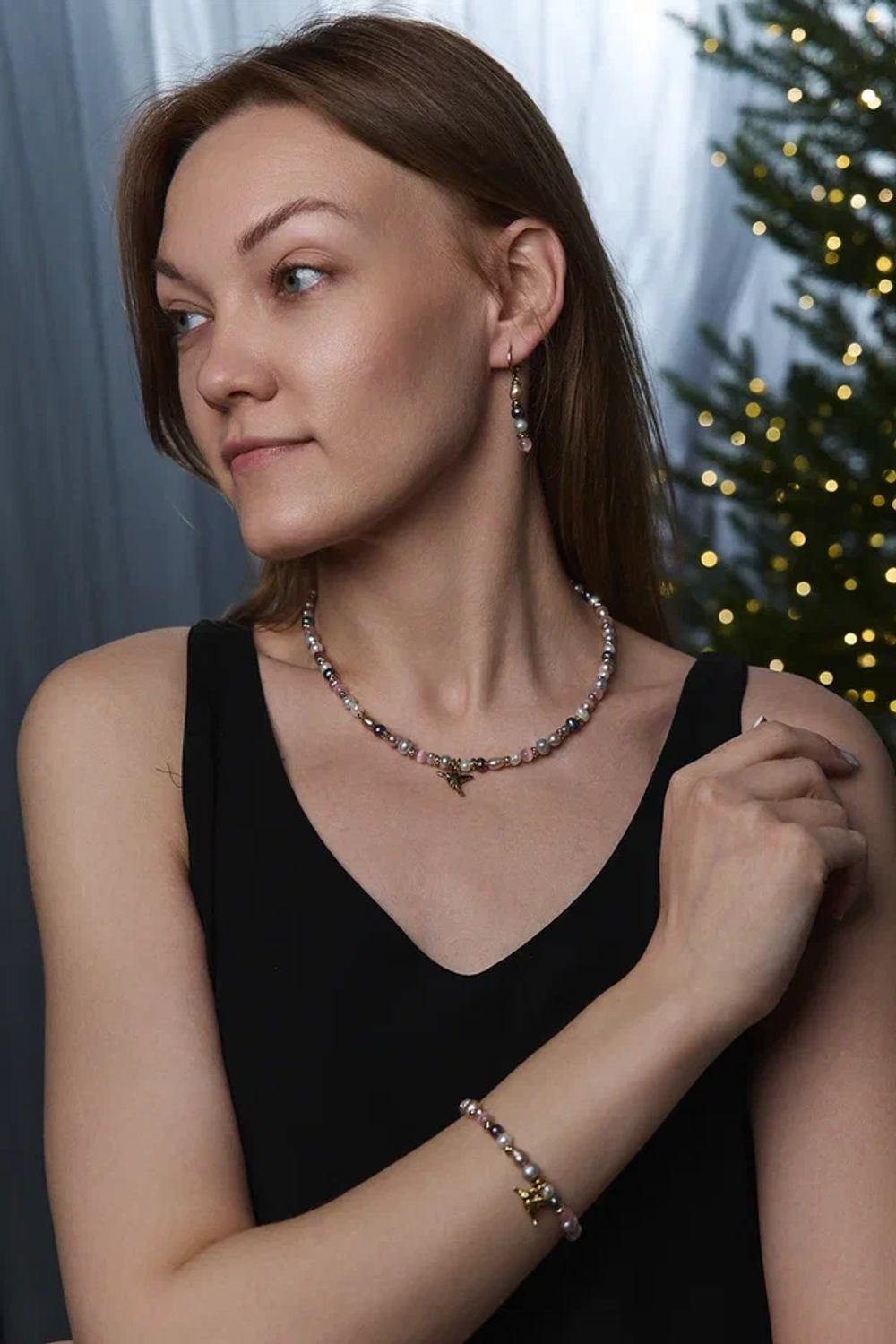 Серьги длинные из натурального жемчуга и кошачего глаза, оттенок золото, замок левербек