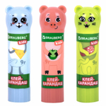 Клей-карандаш «Зверята: кошка, мышка, хрюшка», 9 г, фигурный колпачок, 3 шт./блистер, BRAUBERG KIDS.