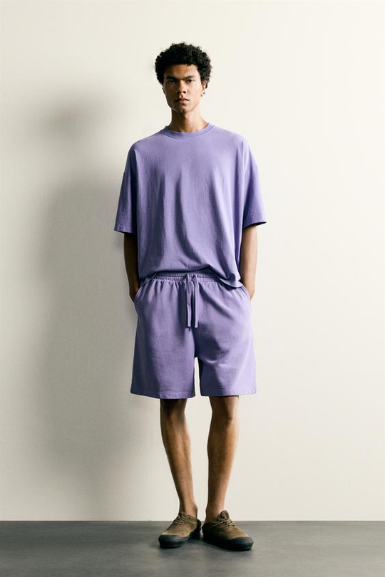 ZARA БАЗОВЫЕ ШОРТЫ-ДЖОГГЕРЫ С ЭФФЕКТОМ ПОТЕРТОСТИ, ЛИЛОВЫЙ