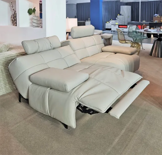 Диван с электро-реклайнером 4708, 202 см, бежевая натуральная кожа