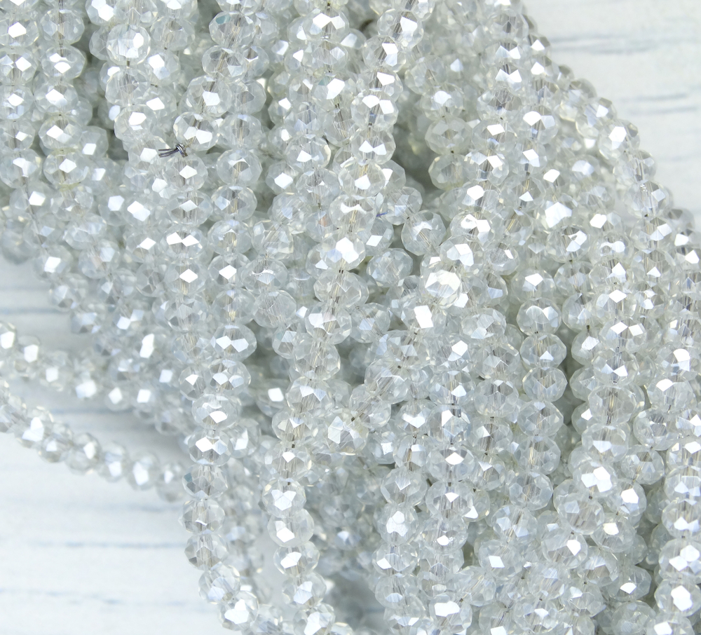 БП001ДД34 Хрустальные бусины "рондель", цвет: прозрачный с серым AB покрытием, 3х4 мм, 95-100 шт.