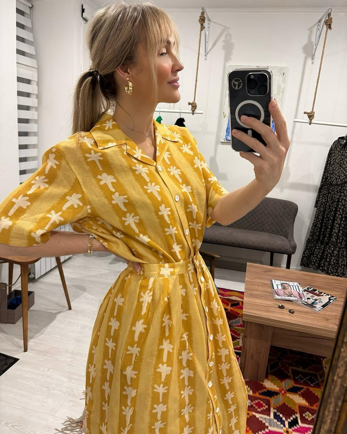 Костюм льняной с юбкой, жёлтый