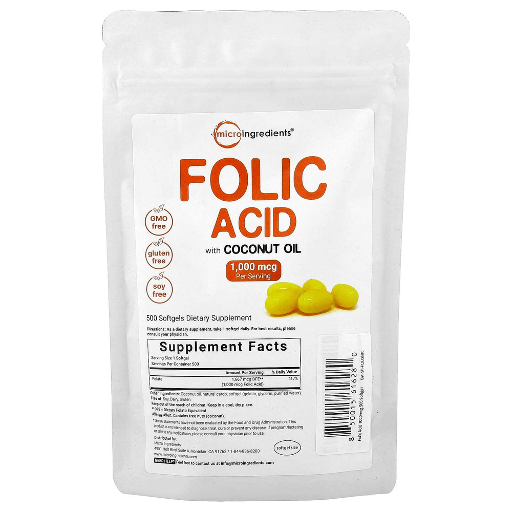 Micro Ingredients, Фолиевая кислота, 1000 мкг, 500 мягких таблеток